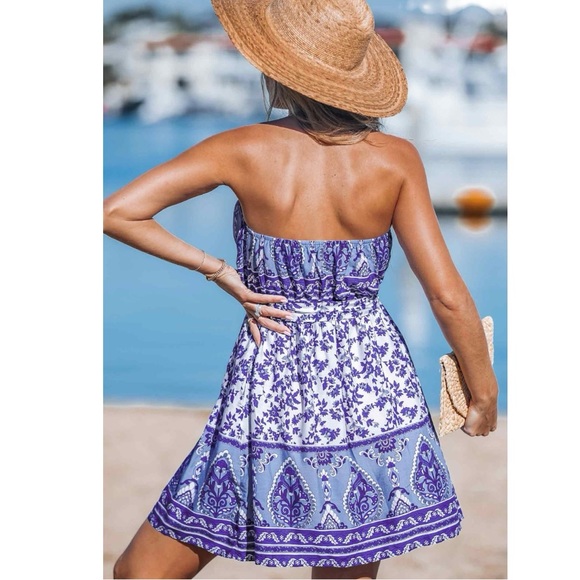 Indigo Paisley Strapless Mini Dress tie waist pockets CUPSHE size large - Picture 6 of 14